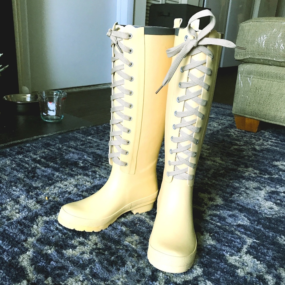 Yellow lace up rain boots combat tall
